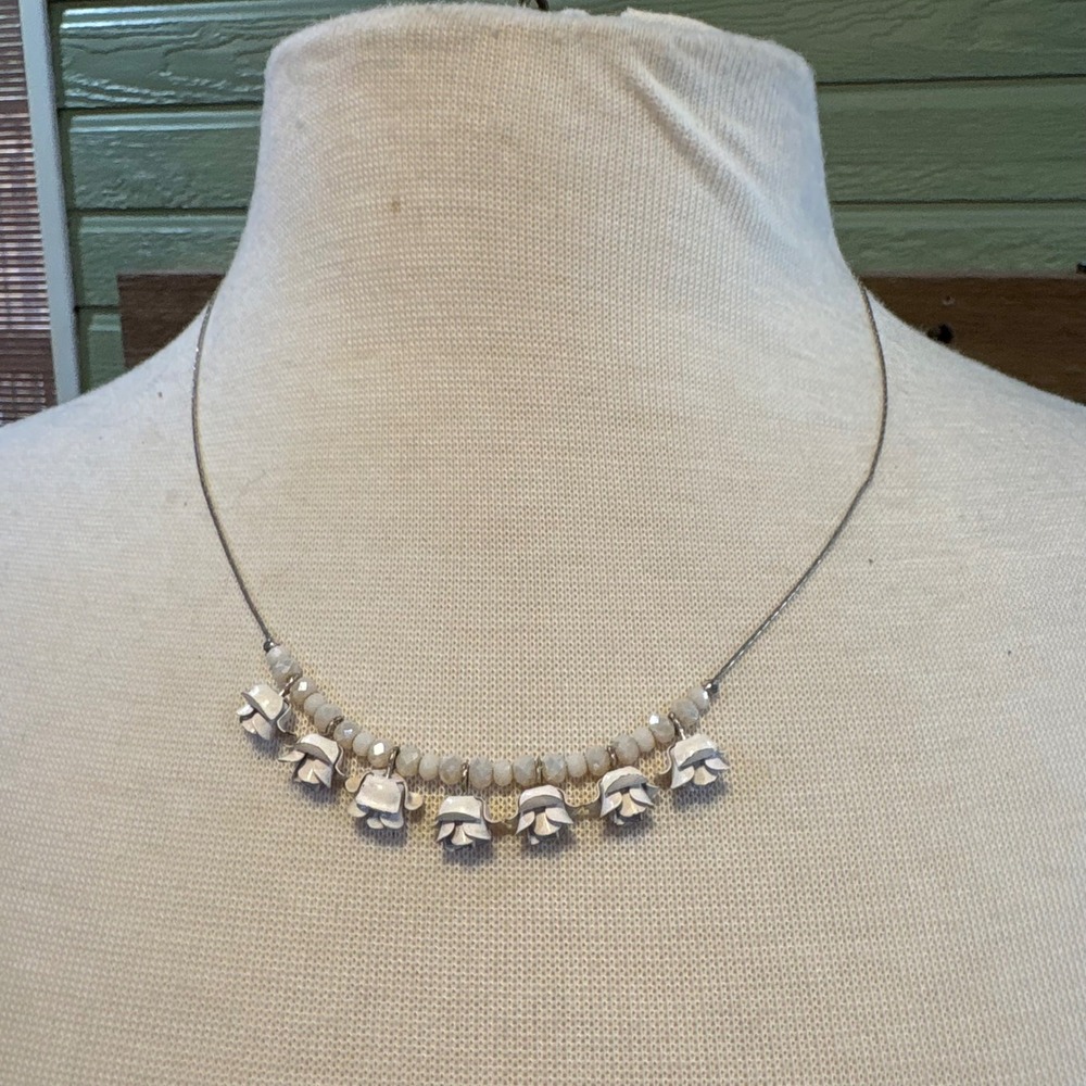 Silver Tone Dainty Necklace with White Enamel Dangling Roses and Cream Beads